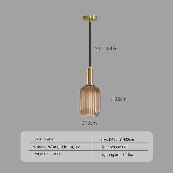 Pendant Light: Modern Nordic Glass Hanging Lighting Fixtures in amber color, adjustable, made of wrought iron and glass.