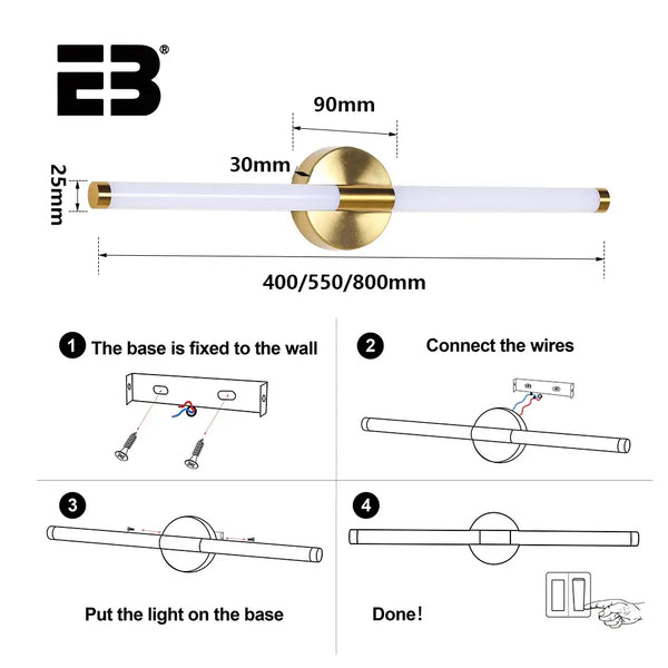 Contemporary Vanity Wall Light installation guide with dimensions and step-by-step instructions.