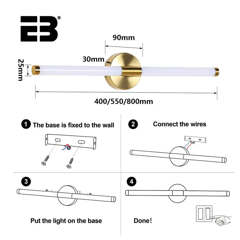 Contemporary Vanity Wall Light installation guide with dimensions and step-by-step instructions.
