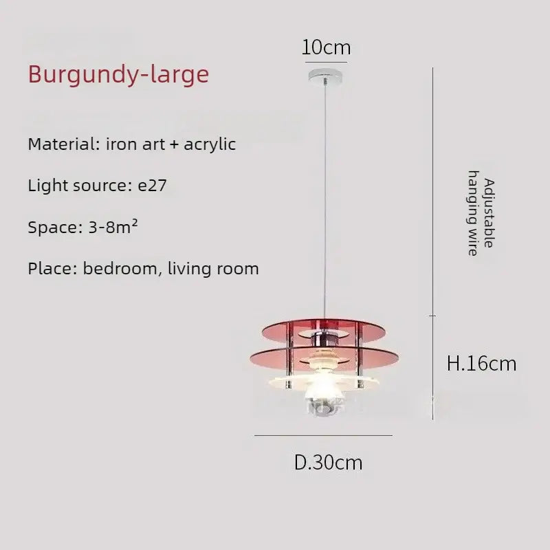 Space Age Acrylic Colorful Pendant Light in burgundy, showcasing vibrant acrylic design and adjustable hanging wire.