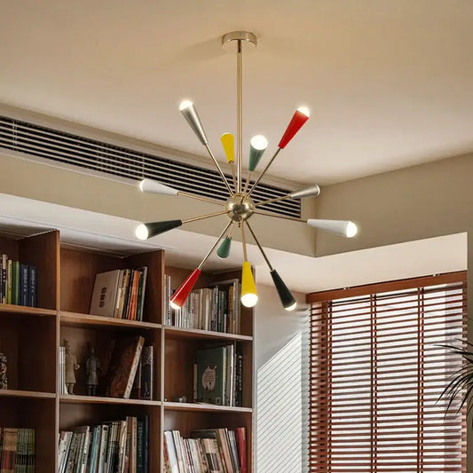 The Ultimate MCM Statement Light – Atomic Sputnik Chandelier illuminating a stylish interior with a multicolour palette.