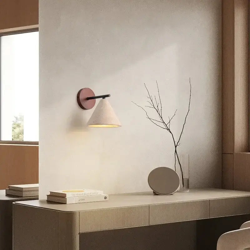 Natural Travertine Stone Wall Lamp – Modern LED Sconce for Bedrooms, elegantly designed with a conical shade.