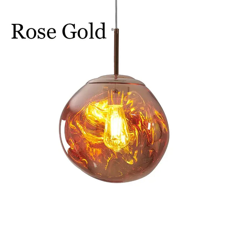 Nordic Lava Pendant Light in rose gold with warm glowing light, showcasing contemporary design and premium materials.