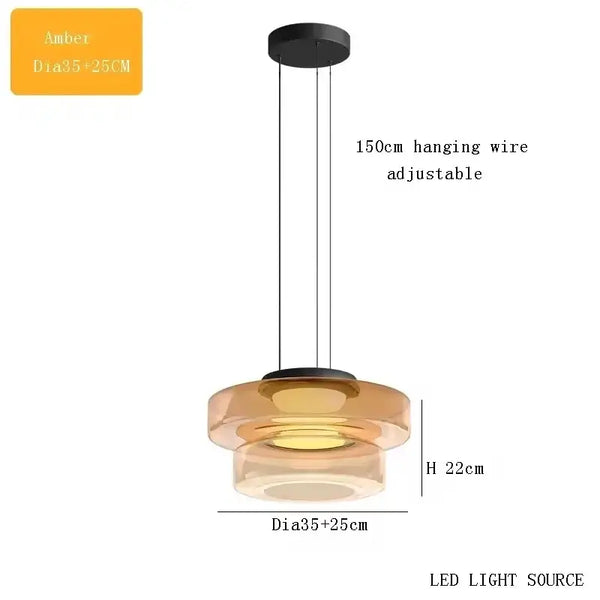 Layered Glass Pendant Light – Modern Amber, Green or Smoke Grey LED Suspension with adjustable wire