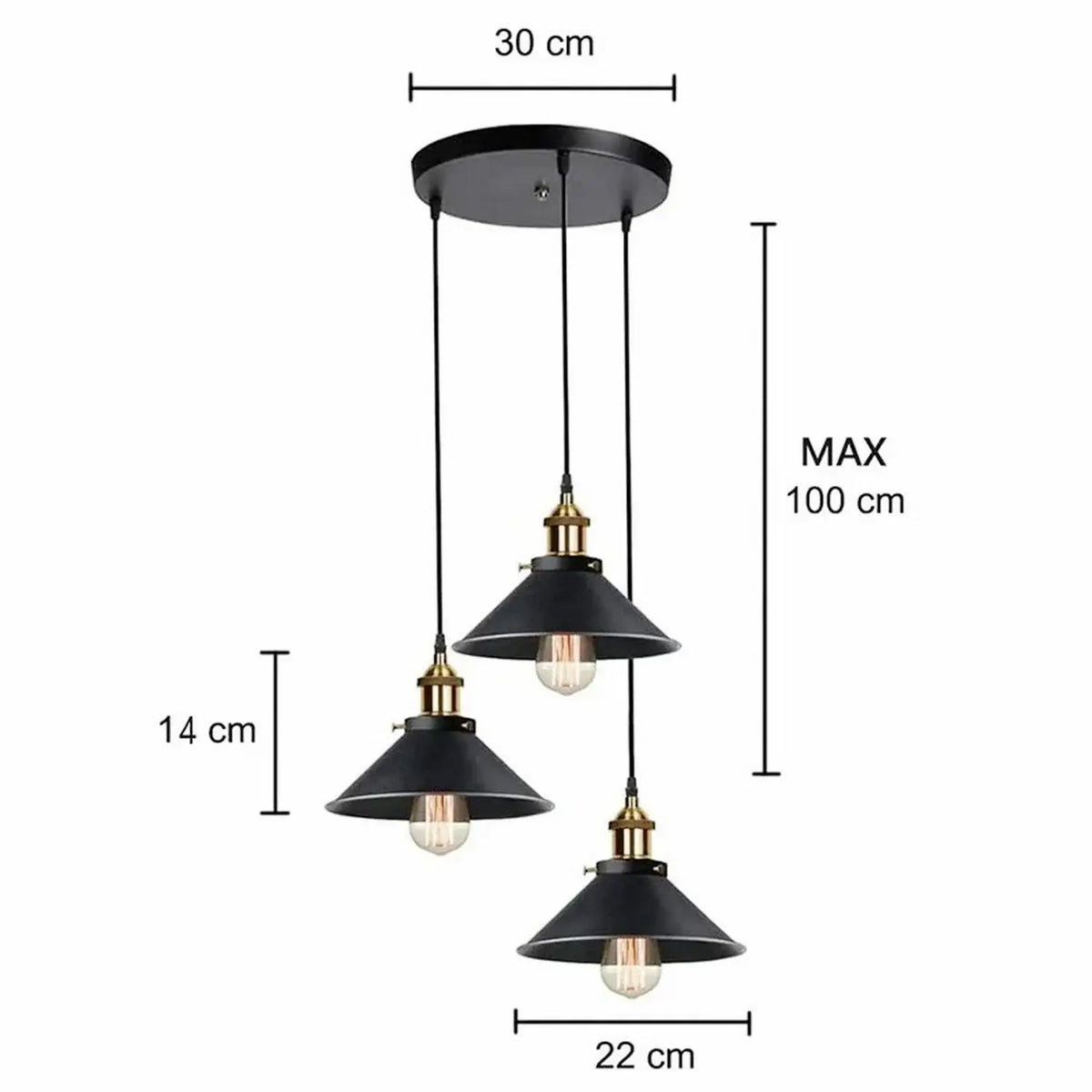 Suspension grappe 3 lumières noire – Abat-jours cônes industriels