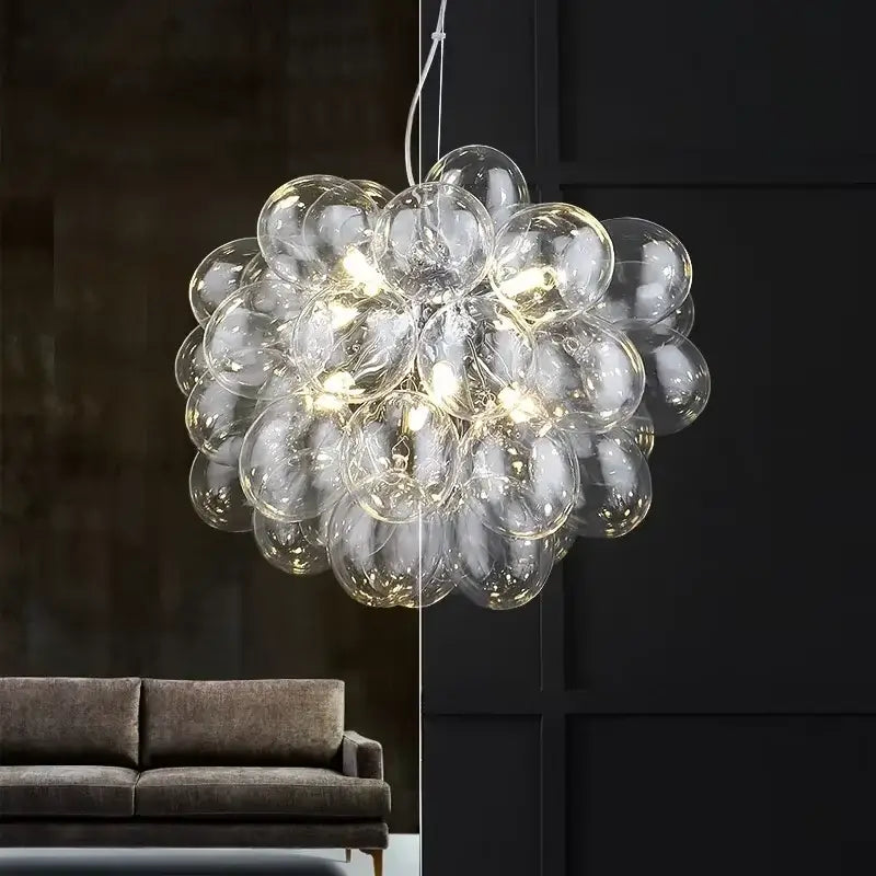 Nordic Smoke Glass Bubble Chandelier – Modern Grape Cluster Pendant Light with glass spheres illuminating soft ambient glow.