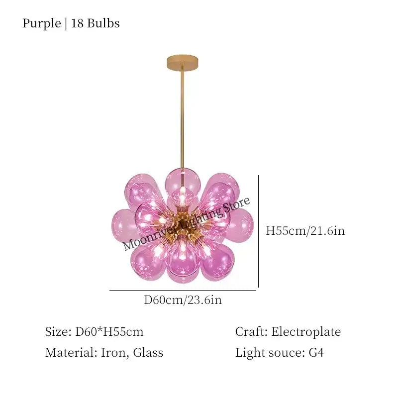 Glorious Tinted Glass Bubble Chandelier in purple with 18 bulbs, showcasing electroplated iron and glass material.