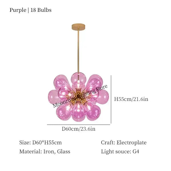 Glorious Tinted Glass Bubble Chandelier in purple with 18 bulbs, showcasing electroplated iron and glass material.