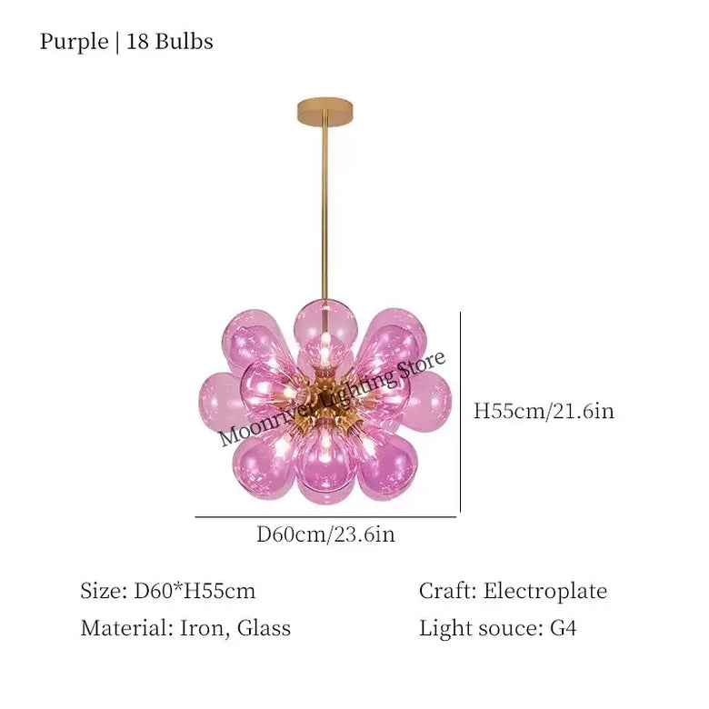 Glorious Tinted Glass Bubble Chandelier in purple with 18 bulbs, showcasing electroplated iron and glass material.