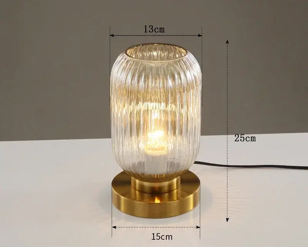 Modern Nordic Glass Table Lighting Fixtures with elegant ribbed glass design and gold base, dimensions 13cm x 25cm.
