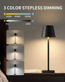 LED Rechargeable Modern Touch Desk Lamp with 3 color stepless dimming options and adjustable brightness settings.