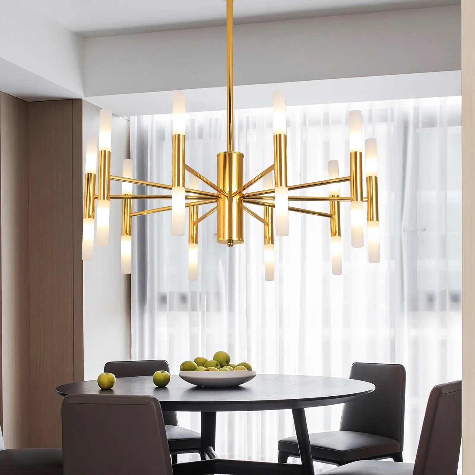 Modern Gold LED Chandelier – 20-Head G4 Luxury Ceiling Light for Living Room & Hotel Lobby, elegant lighting fixture over dining table.