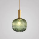 Pendant Light: Modern Nordic Glass Hanging Lighting Fixtures in green ribbed glass with gold fitting.
