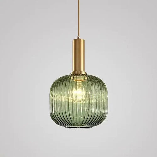 Pendant Light: Modern Nordic Glass Hanging Lighting Fixtures in green ribbed glass with gold fitting.