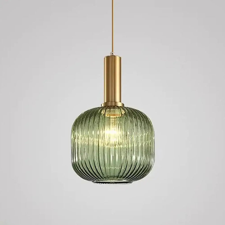 Pendant Light: Modern Nordic Glass Hanging Lighting Fixtures in green ribbed glass with gold fitting.