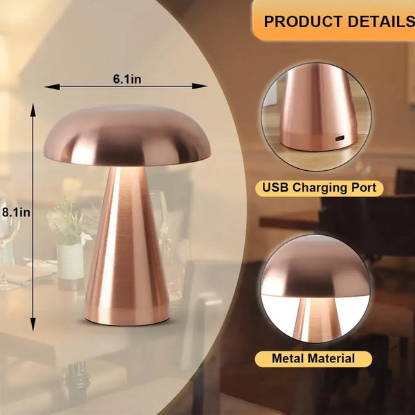 Touch Dimming Rechargeable USB Metallic Table Lamp with USB charging port and sleek metal design.