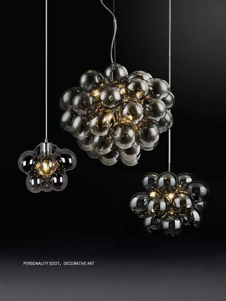 Nordic Smoke Glass Bubble Chandelier – Modern Grape Cluster Pendant Light showcases smoked grey glass spheres.