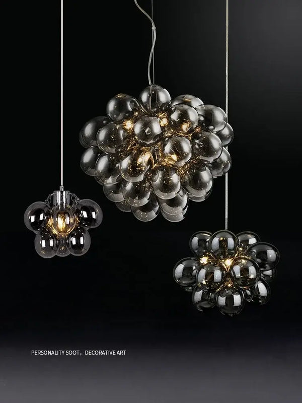 Nordic Smoke Glass Bubble Chandelier – Modern Grape Cluster Pendant Light showcases smoked grey glass spheres.