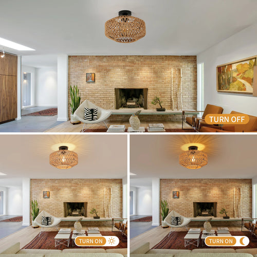 Hand-Woven Rattan Ceiling Light with Metal Base