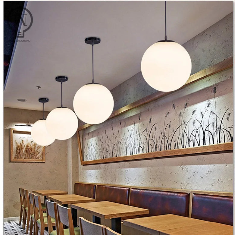 White Glass Globe Pendant Light with Brass or Black Detail
