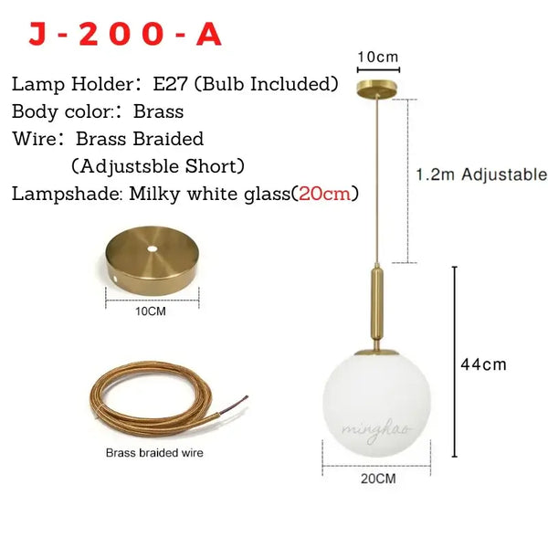 Mid-Century Modern Glass Ball Pendant Light with brass holder and milky white glass shade, adjustable height.