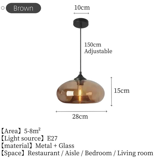 Brown glass dome pendant light with dimensions, 28cm wide and 15cm high