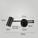 Vintage Loft Bedside Reading Light Fixture dimensions showing rotatable dimmable features and sleek design.
