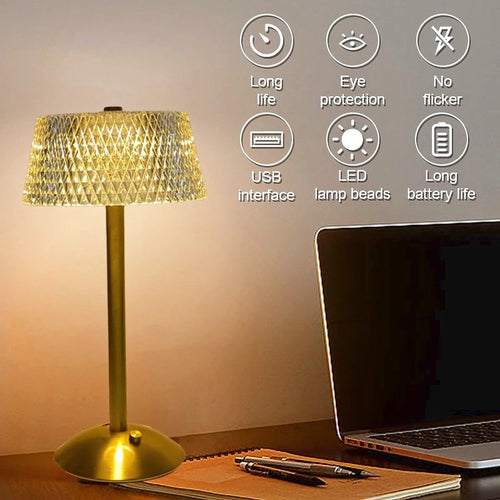 Art Deco Faceted Cordless Table Lamp – Rechargeable, Gold