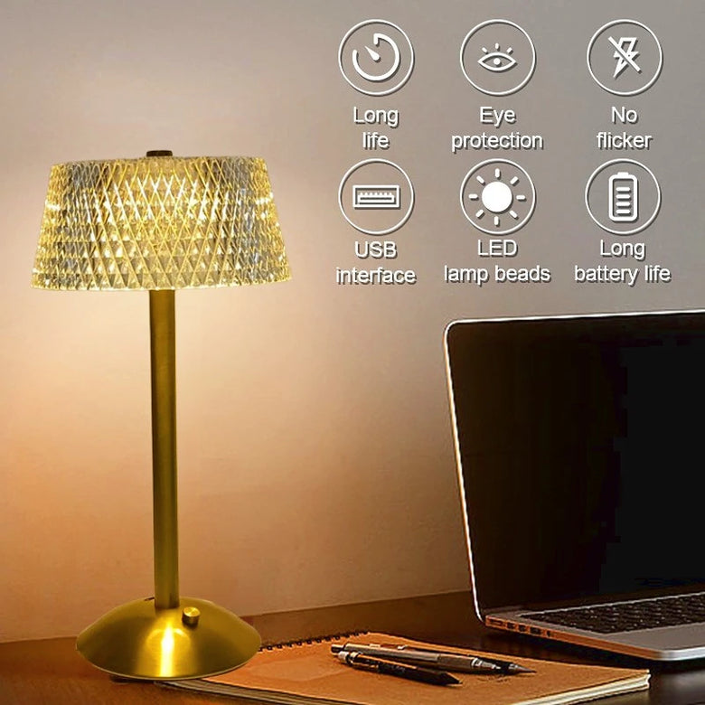 Art Deco Faceted Cordless Table Lamp – Rechargeable, Gold