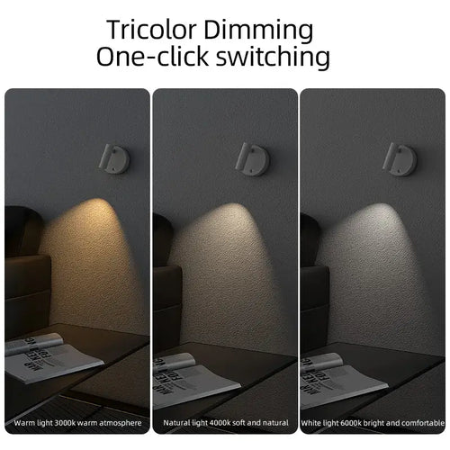 USB Recharge Wall Mounted Spotlight showcasing tricolor dimming with warm, natural, and white light settings.