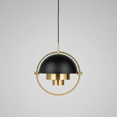 Gold and black pendant light on a white background