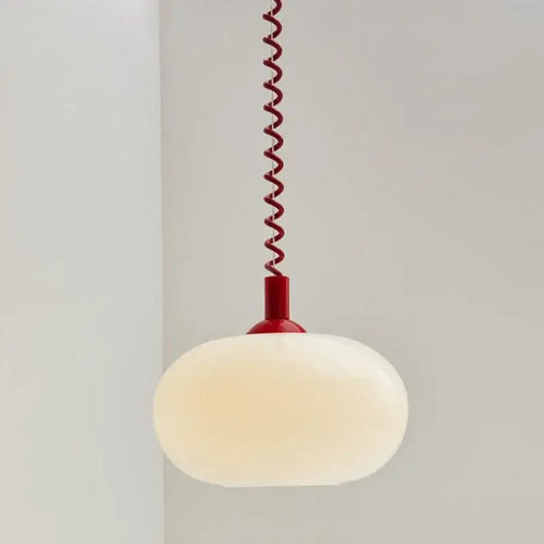 Bauhaus Glass Chandeliers with bright cord featuring a hand-blown glass shade and colorful spiral wire.