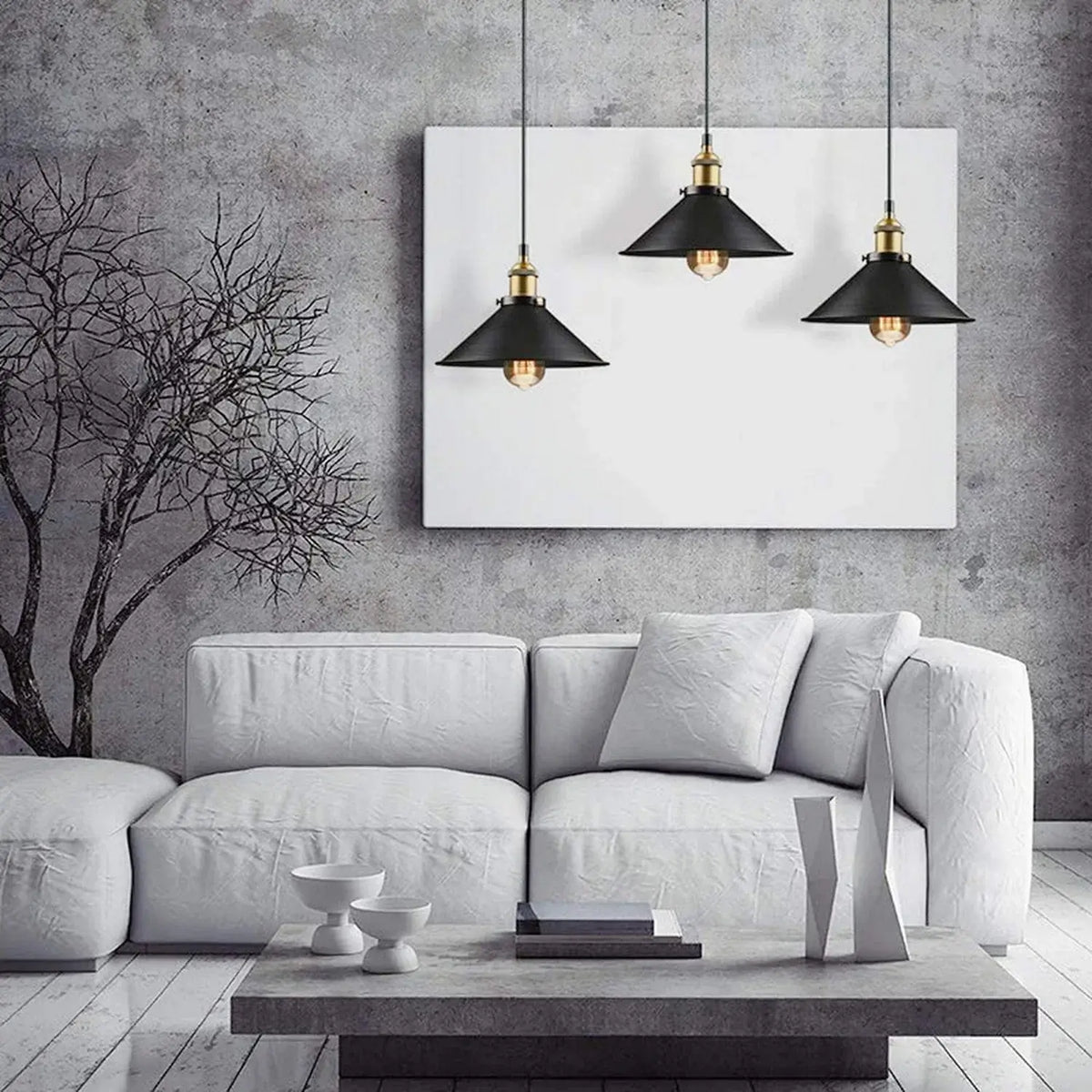 Suspension grappe 3 lumières noire – Abat-jours cônes industriels