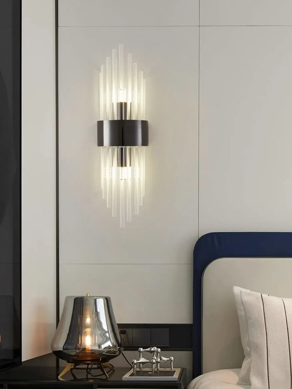 Black or Golden Art Deco Mural Lamp installed in a modern bedroom, showcasing elegant light and stylish design.
