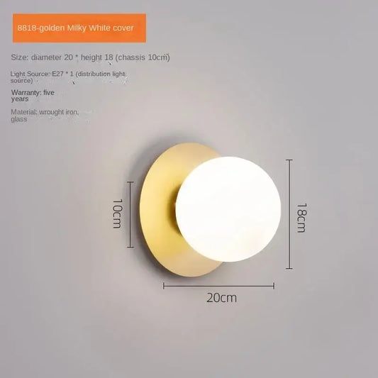 Simple Round Wall Lamp size and specifications with a golden base and milky white cover for stylish lighting.