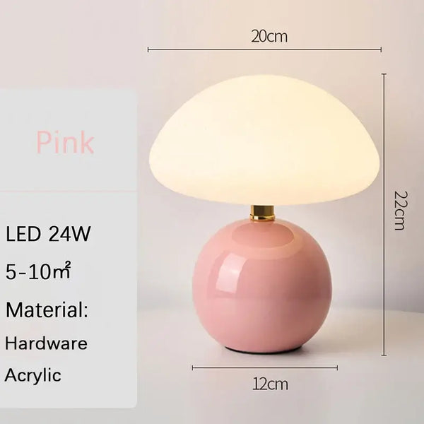Mushroom LED USB Table Lamp in Pink – Soft Glow Bedside Lighting dimensions and features including pink acrylic base.