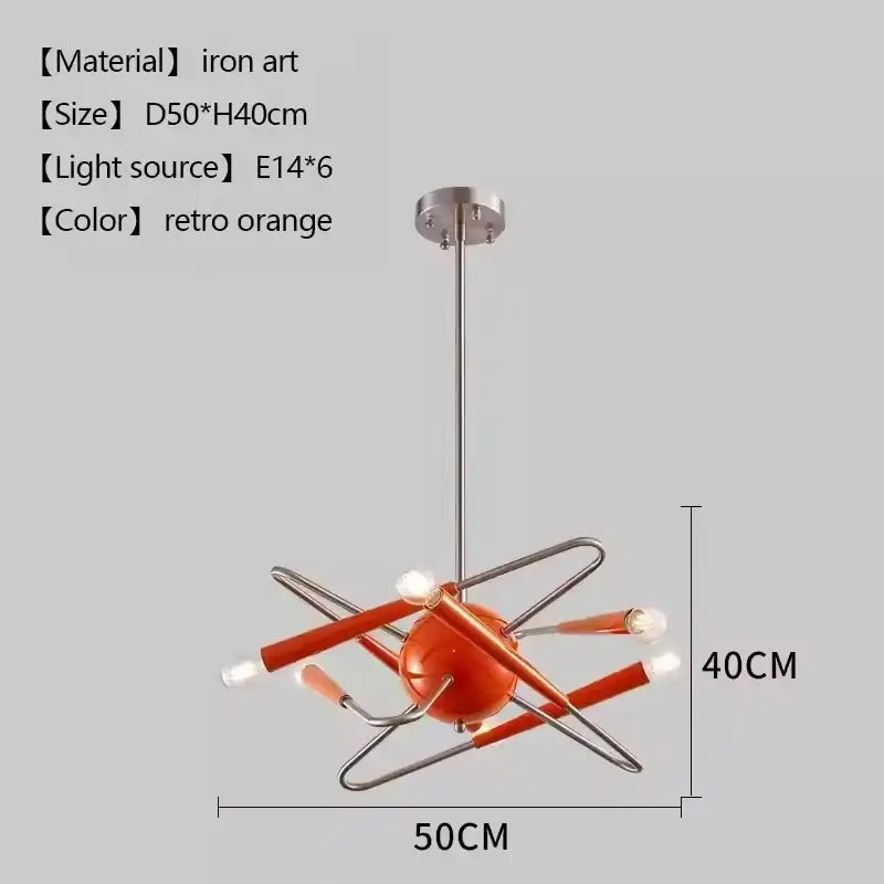 60s Red Sputnik Chandelier with retro orange finish, iron art, and six E14 light sources, 40cm high, perfect for mid-century interiors