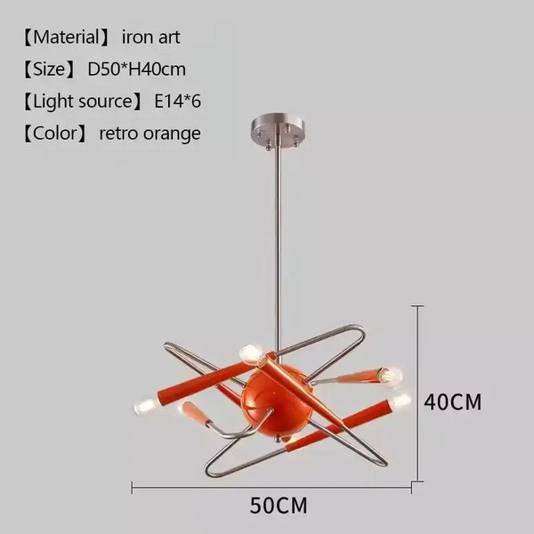 60s Red Sputnik Chandelier in retro orange finish, featuring a bold design and crafted from durable iron.
