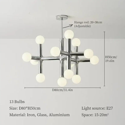 Bauhaus Chrome Chandelier – Modern 10/13 Globe Pendant Light with 13 bulbs and geometric design for contemporary interiors.