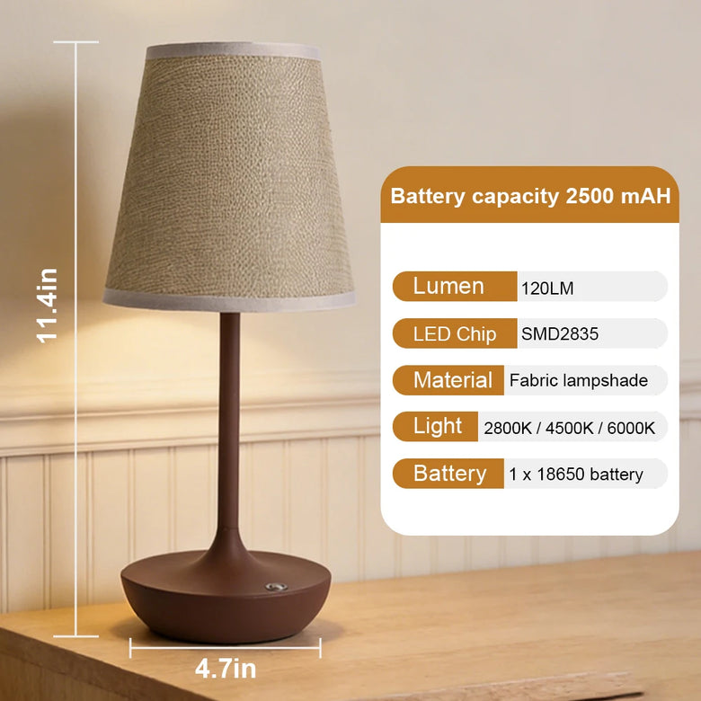 Classic Fabric Cordless Table Lamp – Rechargeable, Touch Dimmer
