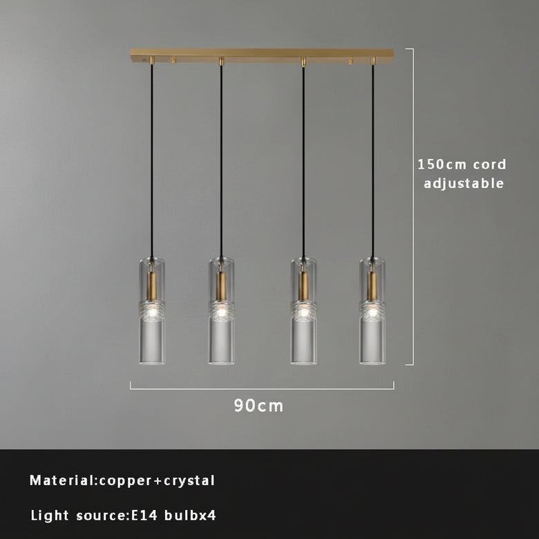 Four-light linear pendant ceiling fixture with clear cylindrical crystal shades, copper-toned internal rods, and black hanging cords, shown on a dark background with dimension labels reading 90cm width and 150cm cord adjustable.