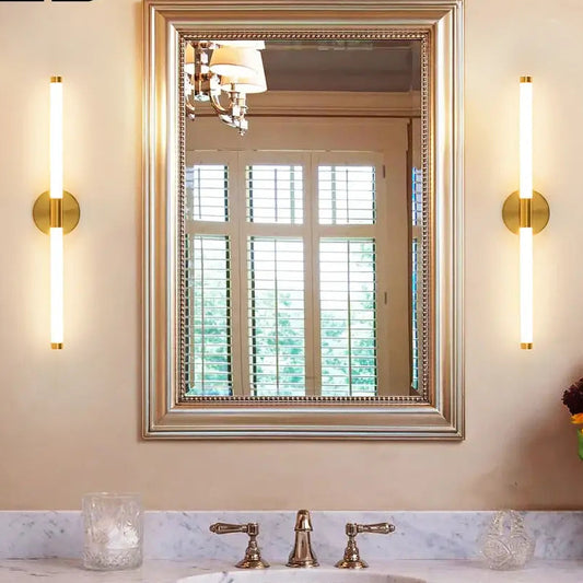 Contemporary Vanity Wall Light styled in a bathroom with a mirror and elegant fixtures.