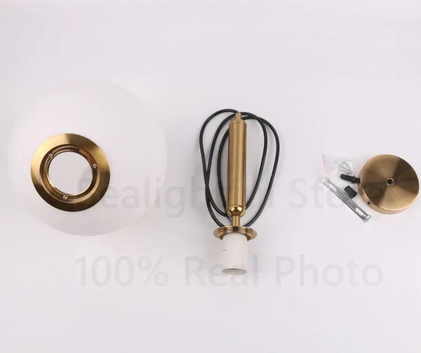Modern Gold Glass Ball Pendant components including lampshade, wire, and lamp holder.