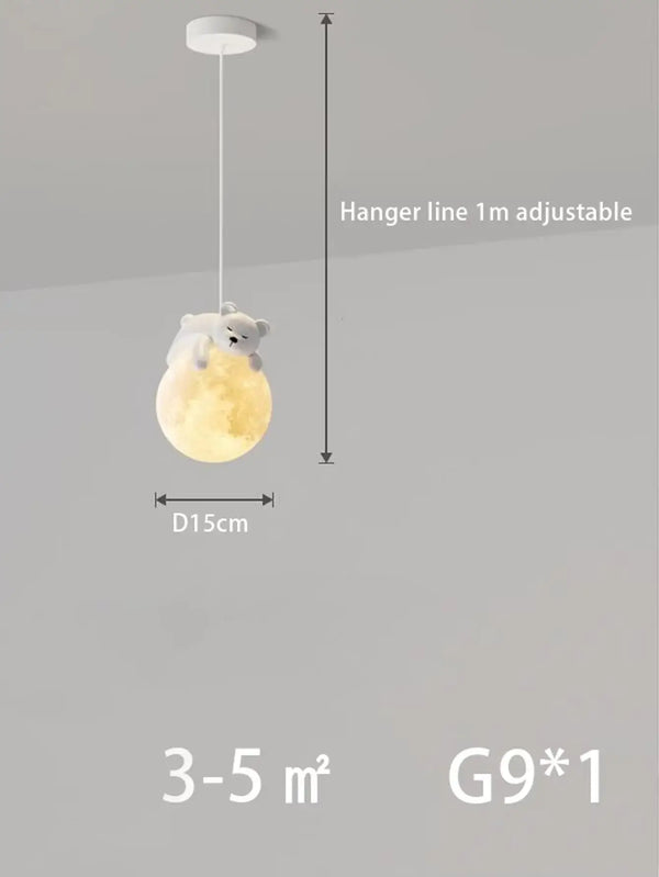 Nordic Simple Chandelier with a bear figurine hanging from a moon-shaped light, adjustable height, and ideal for modern decor.