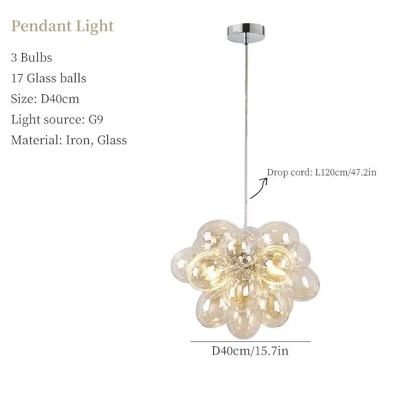 Nordic Smoke Glass Bubble Chandelier – Modern Grape Cluster Pendant Light with 17 glass balls and G9 light source.