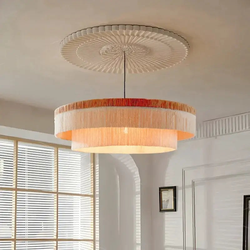 French Retro Grand Fringe Pendant Light – 80cm Vintage Beige Statement Chandelier in elegant living room setting.