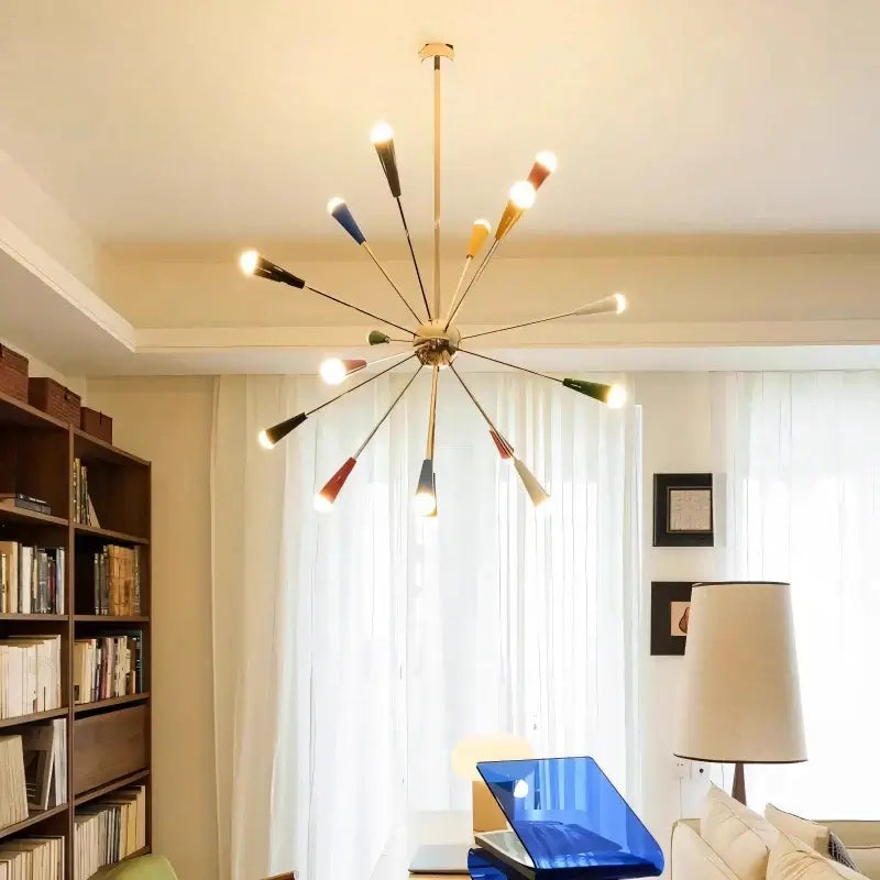 The Ultimate MCM Statement Light – Atomic Sputnik Chandelier in a stylish living room setting.