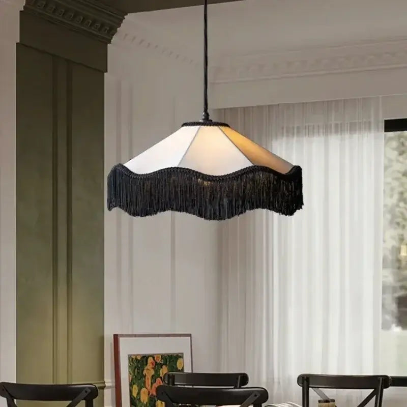 French Retro Fabric Pendant Light – Art Deco Fringe Chandelier for Bedrooms & Lounges
