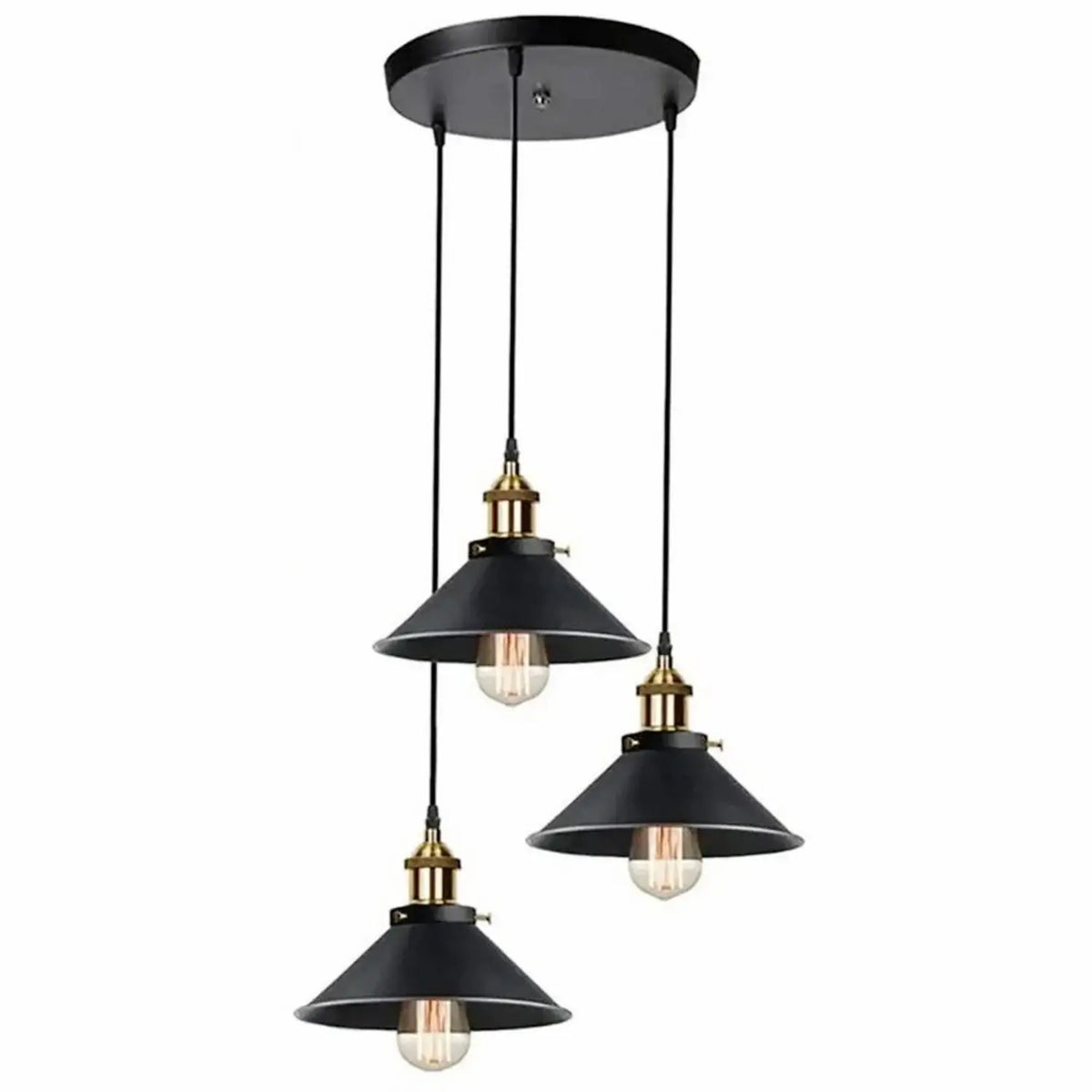 Suspension grappe 3 lumières noire – Abat-jours cônes industriels