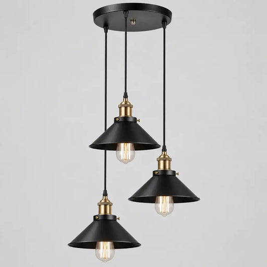 Hero Three-light linear pendant chandelier with black metal shades and brass accents, suspended from a round black ceiling canopy on a white background.